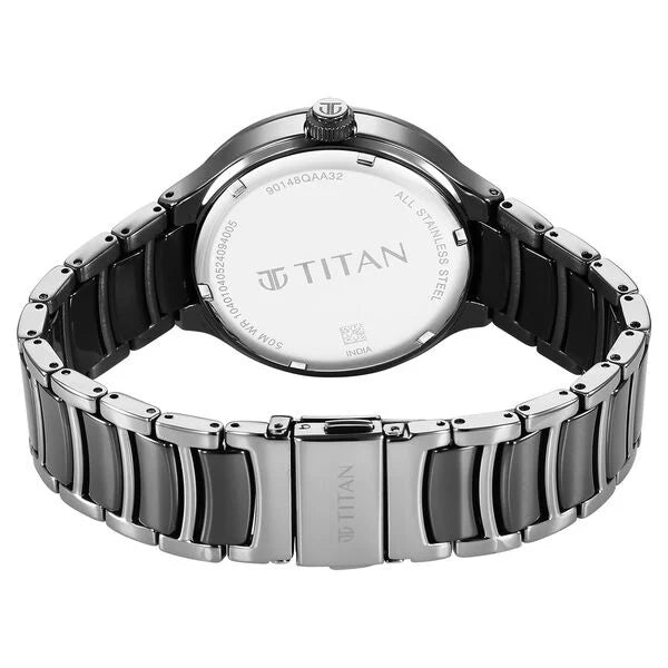 Titan Ceramic Fusion Men's Multifunction Watch Black Dial With Two-Toned Stainless Steel Band, 90148KD06