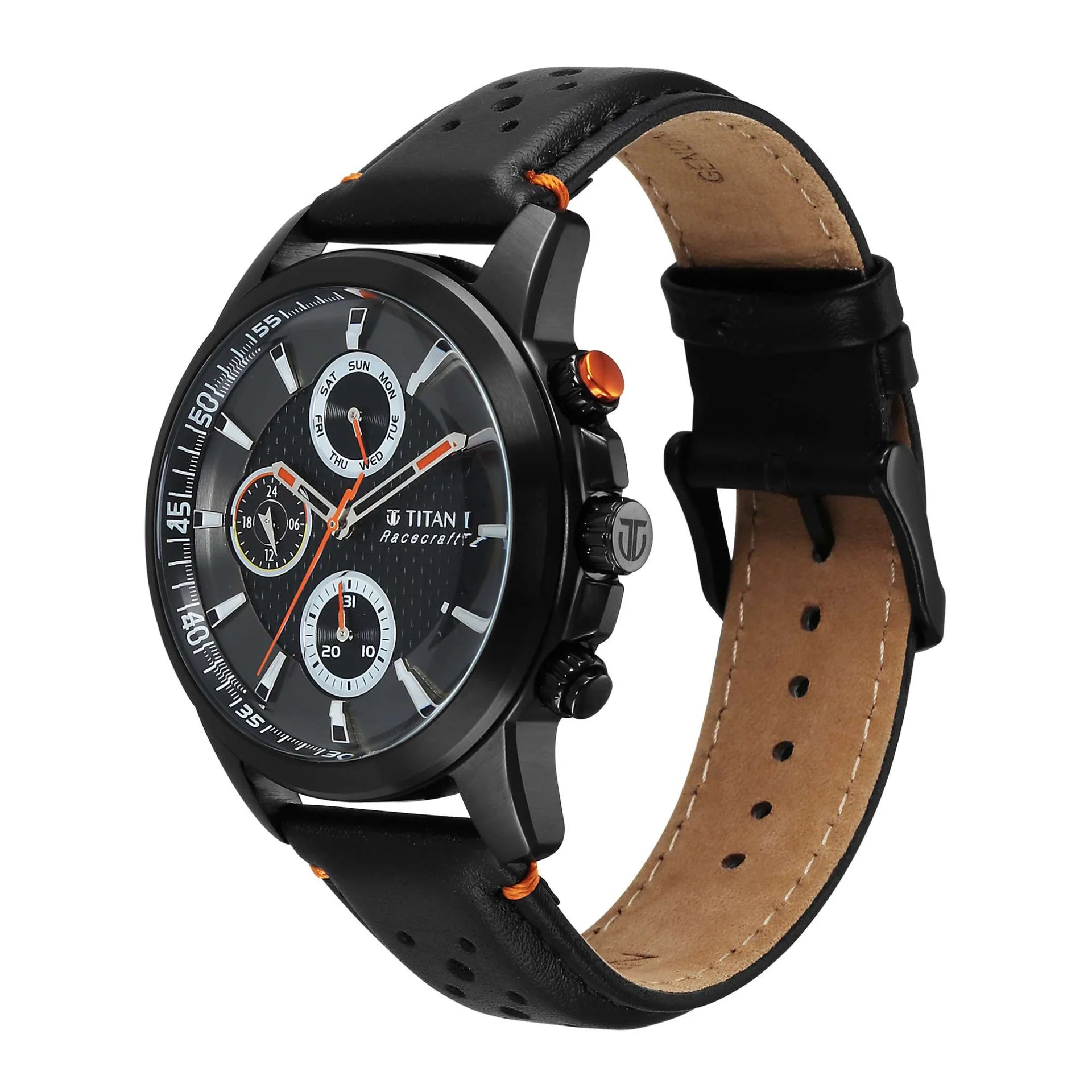 Titan Racecraft Men's Watch Analog Black Dial with Black Leather Strap, 90152KL02