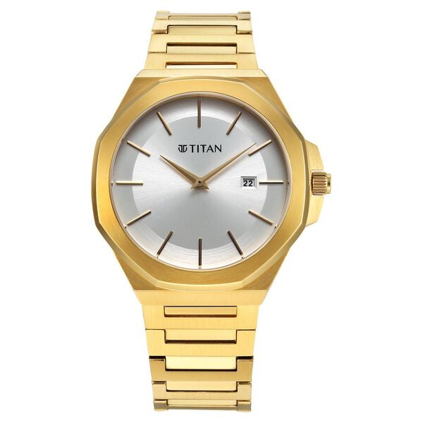 Titan Classic Slim Men's Watch Analog Silver Dial Gold Stainless Steel Band, 90167YM01