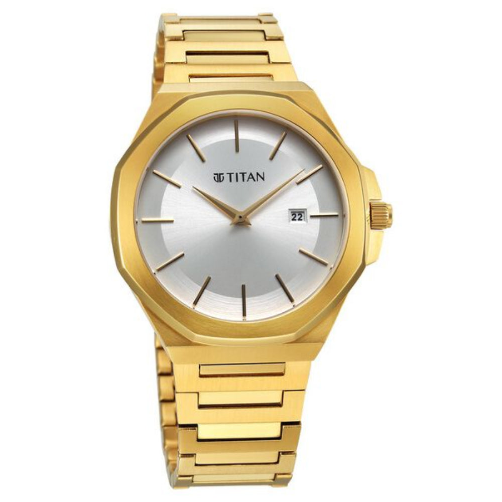 Titan Classic Slim Men's Watch Analog Silver Dial Gold Stainless Steel Band, 90167YM01