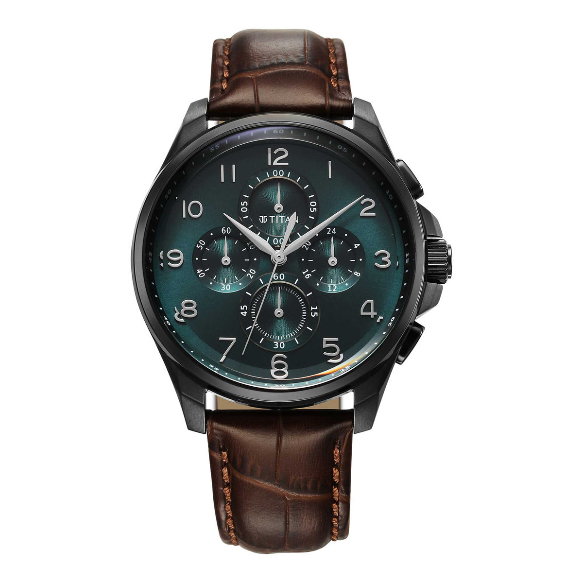 Titan Men's Watch Classic Chrono Collection, Green Dial Brown Leather Strap, 90169NL01