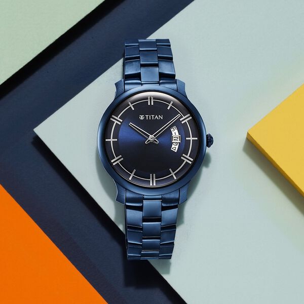 Titan Classic Men's Watch Analog Blue Dial With Blue Stainless Band, 90170QM01