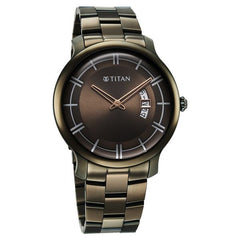 Titan Clasique Slim Men's Watch Analog Brown Dial with Green Stainless Steel Band, 90170QM03