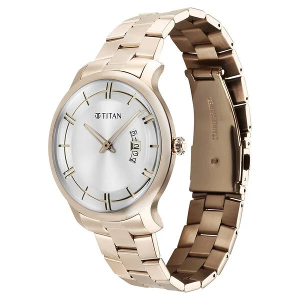 Titan Classic Distincta Men's Watch Analog Silver Dial Rose Gold Stainless Steel Band, 90170WM01