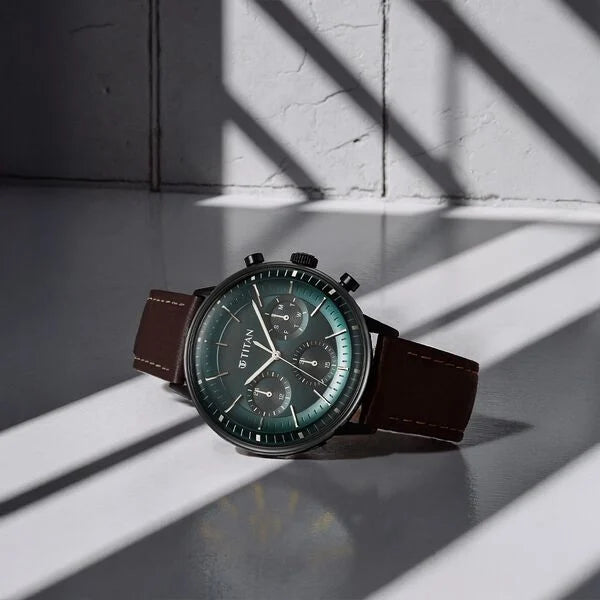 Titan Light Leathers Men's Multifunction Watch Analog Green Dial Brown Leather Strap, 90171NL01