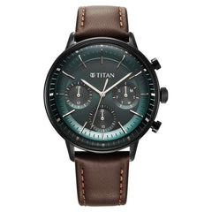 Titan Light Leathers Men's Multifunction Watch Analog Green Dial Brown Leather Strap, 90171NL01