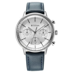 Titan Light Leathers Men's Multifunction Watch Analog Silver Dial Blue Strap, 90171SL01