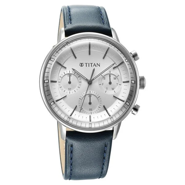 Titan Light Leathers Men's Multifunction Watch Analog Silver Dial Blue Strap, 90171SL01