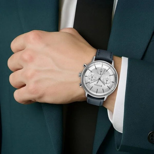 Titan Light Leathers Men's Multifunction Watch Analog Silver Dial Blue Strap, 90171SL01