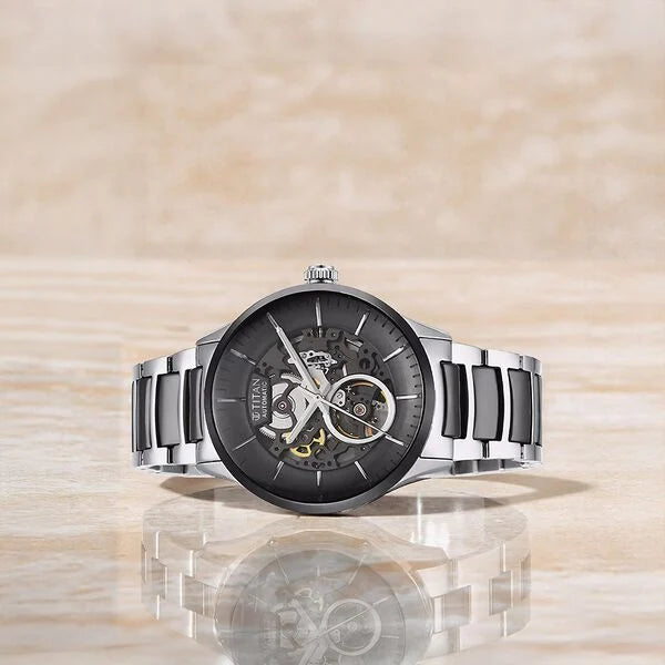 Titan Ceramic Fusion Men's Automatic Watch Black Dial with Two-Toned Stainless Steel Band, 90174KD01