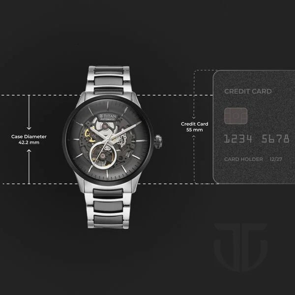 Titan Ceramic Fusion Men's Automatic Watch Black Dial with Two-Toned Stainless Steel Band, 90174KD01