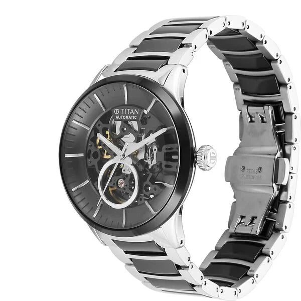 Titan Ceramic Fusion Men's Automatic Watch Black Dial with Two-Toned Stainless Steel Band, 90174KD01