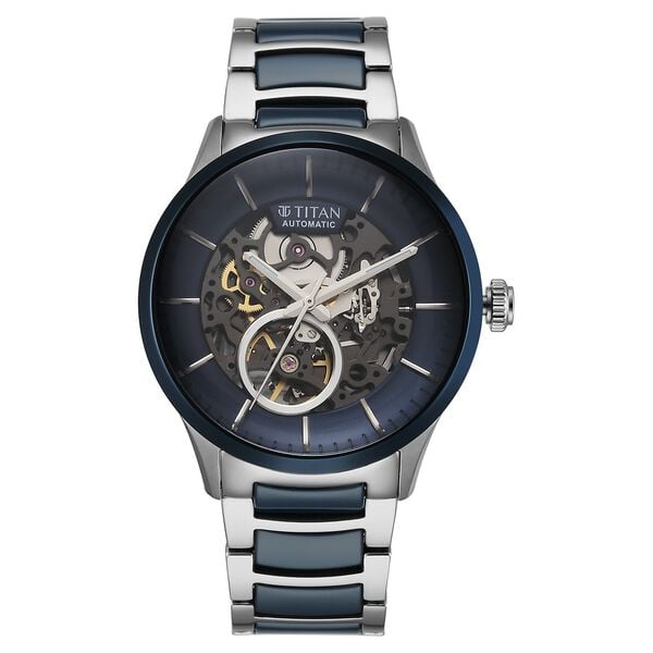 Titan Ceramic Fusion Automatic Men's Watch with Blue Dial and Silver Dual-Toned Stainless Steel,90174KD02_NEW