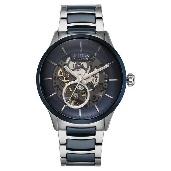 Titan Ceramic Fusion Automatic Men's Watch with Blue Dial and Silver Dual-Toned Stainless Steel Strap, 90174KD02
