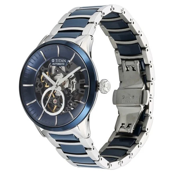Titan Ceramic Fusion Automatic Men's Watch with Blue Dial and Silver Dual-Toned Stainless Steel Strap, 90174KD02