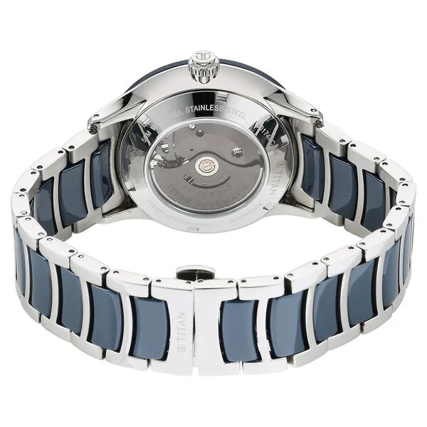 Titan Ceramic Fusion Automatic Men's Watch with Blue Dial and Silver Dual-Toned Stainless Steel Strap, 90174KD02