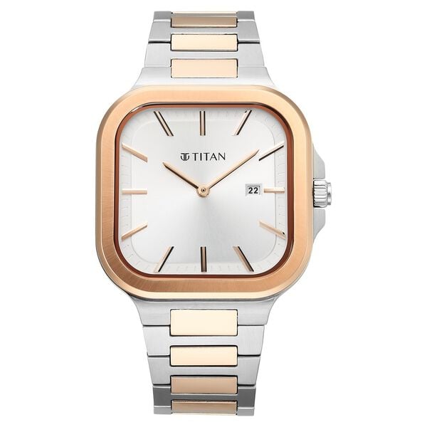 Titan Classique Slim Square Men's Watch Analog Silver Dial Two-Toned Stainless Steel Band, 90176KM01