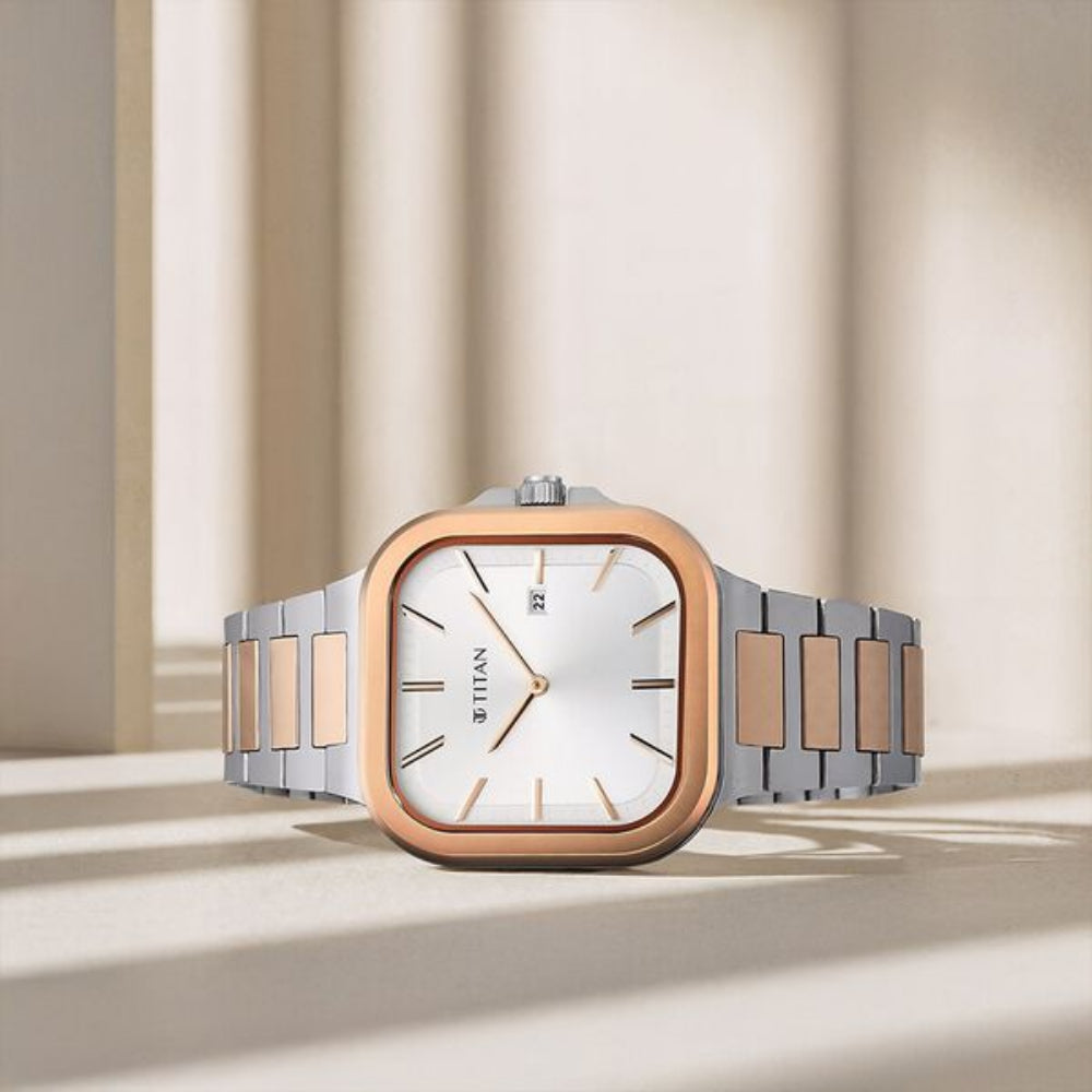 Titan Classique Slim Square Men's Watch Analog Silver Dial Two-Toned Stainless Steel Band, 90176KM01