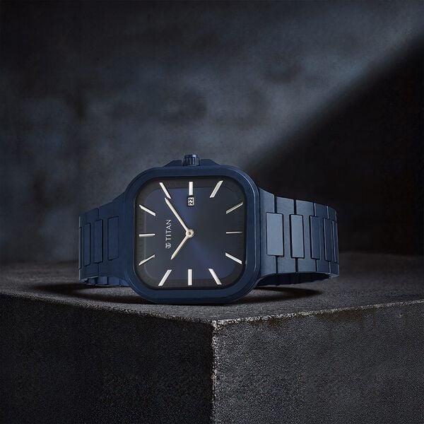 Titan Classique Slim Square Men's Watch Analog Blue Dial Blue Stainless Steel Band, 90176QM01