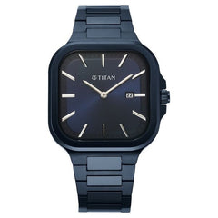 Titan Classique Slim Square Men's Watch Analog Blue Dial Blue Stainless Steel Band, 90176QM01