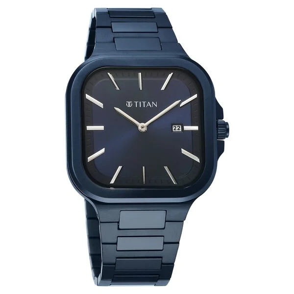 Titan Classique Slim Square Men's Watch Analog Blue Dial Blue Stainless Steel Band, 90176QM01