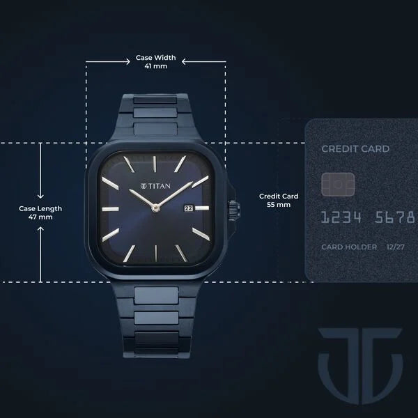 Titan Classique Slim Square Men's Watch Analog Blue Dial Blue Stainless Steel Band, 90176QM01