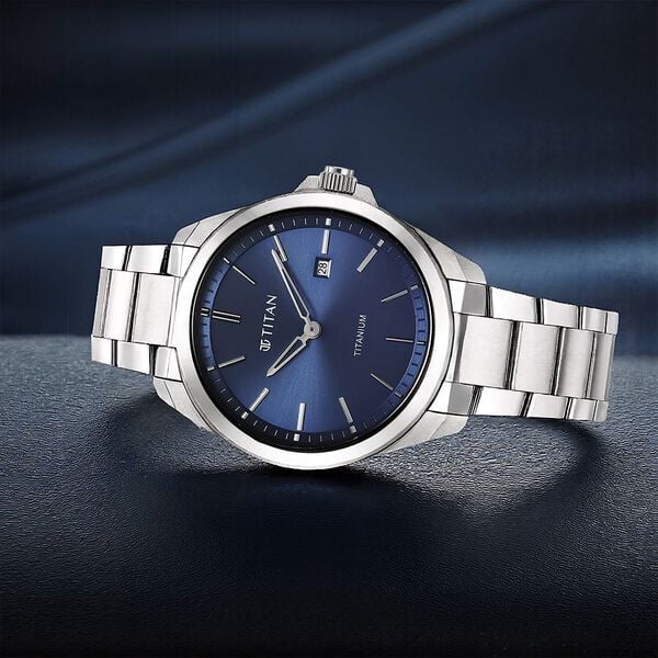 Titan Men's Titanium Quartz Analog Watch Blue Dial With Titanium Strap, 90177TM01
