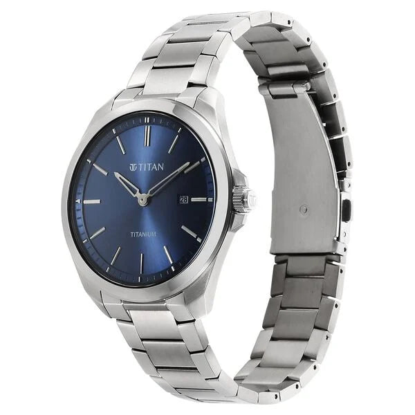 Titan Men's Titanium Quartz Analog Watch Blue Dial With Titanium Strap, 90177TM01