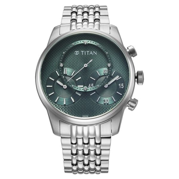 Titan Micromotors Analog Men's Watch with Independent Hour, Minute and 2nd Sub-Dial with Green Dial and Stainless Steel Strap, 90179SM01