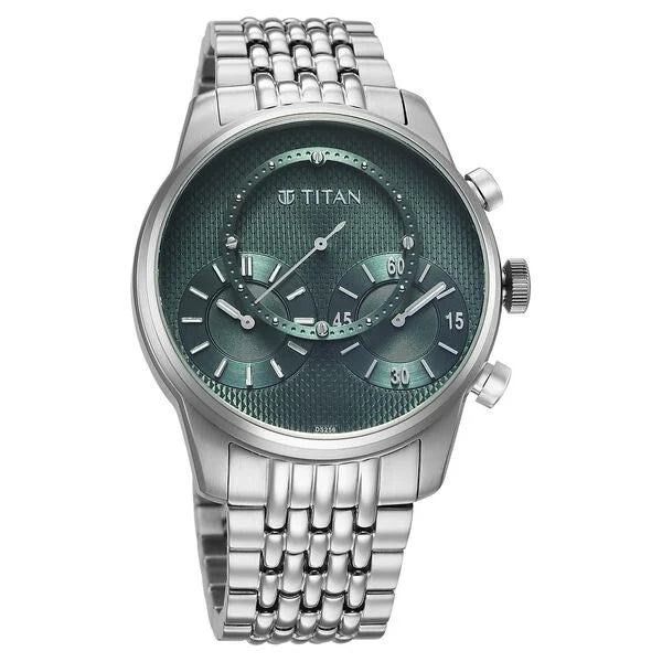 Titan Micromotors Analog Men's Watch with Independent Hour, Minute and 2nd Sub-Dial with Green Dial and Stainless Steel Strap, 90179SM01