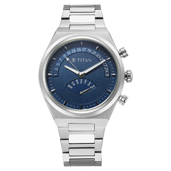 Titan Micromotors Analog Men's Watch with Retrograde Day and Date and Blue Dial with Stainless Steel Strap, 90180SM01