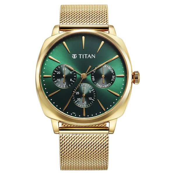 Titan Classique Men's Watch Analog Green Dial with Gold Mesh Band, 90189YM01