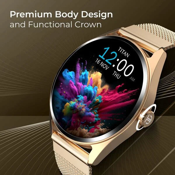 Titan Crest Premium Unisex Smart Watch in Blue Strap with 3.63 cm AMOLED Display with AOD, Functional Crown, BT Calling, 90197AP02
