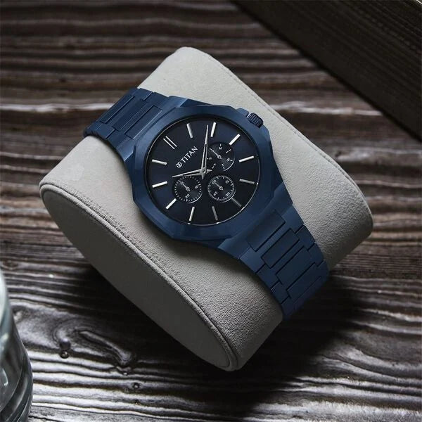Titan Classic Slim Men's Multifunction Watch Blue Dial with Blue Stainless Steel Band, 90198QM01