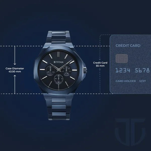 Titan Classic Slim Men's Multifunction Watch Blue Dial with Blue Stainless Steel Band, 90198QM01