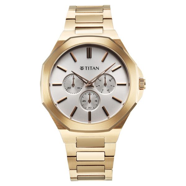 Titan Classic Slim Men's Multifunction Watch Silver Dial with Rose Gold Stainless Steel Band, 90198WM01