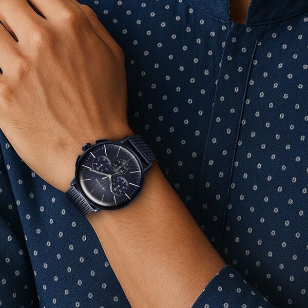Titan  Light leathers Multifunction Men's Watch Analog Blue Dial with Blue Stainless Steel Mesh Band, 90200QM01