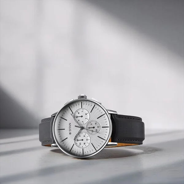 Titan Light Leathers Men's Multifunction Watch Silver Dial with Grey Leather Strap, 90200SL01