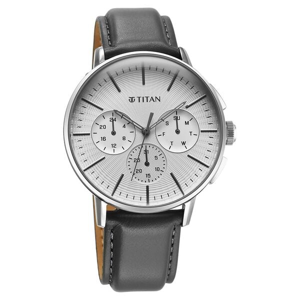 Titan Light Leathers Men's Multifunction Watch Silver Dial with Grey Leather Strap, 90200SL01