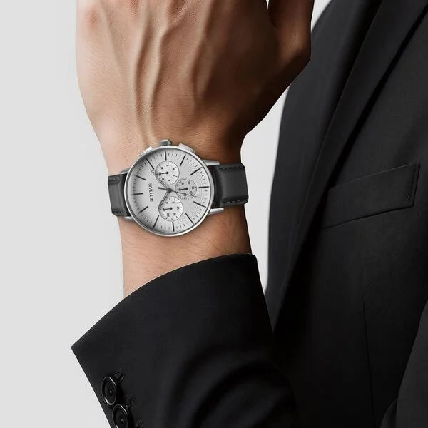 Titan Light Leathers Men's Multifunction Watch Silver Dial with Grey Leather Strap, 90200SL01