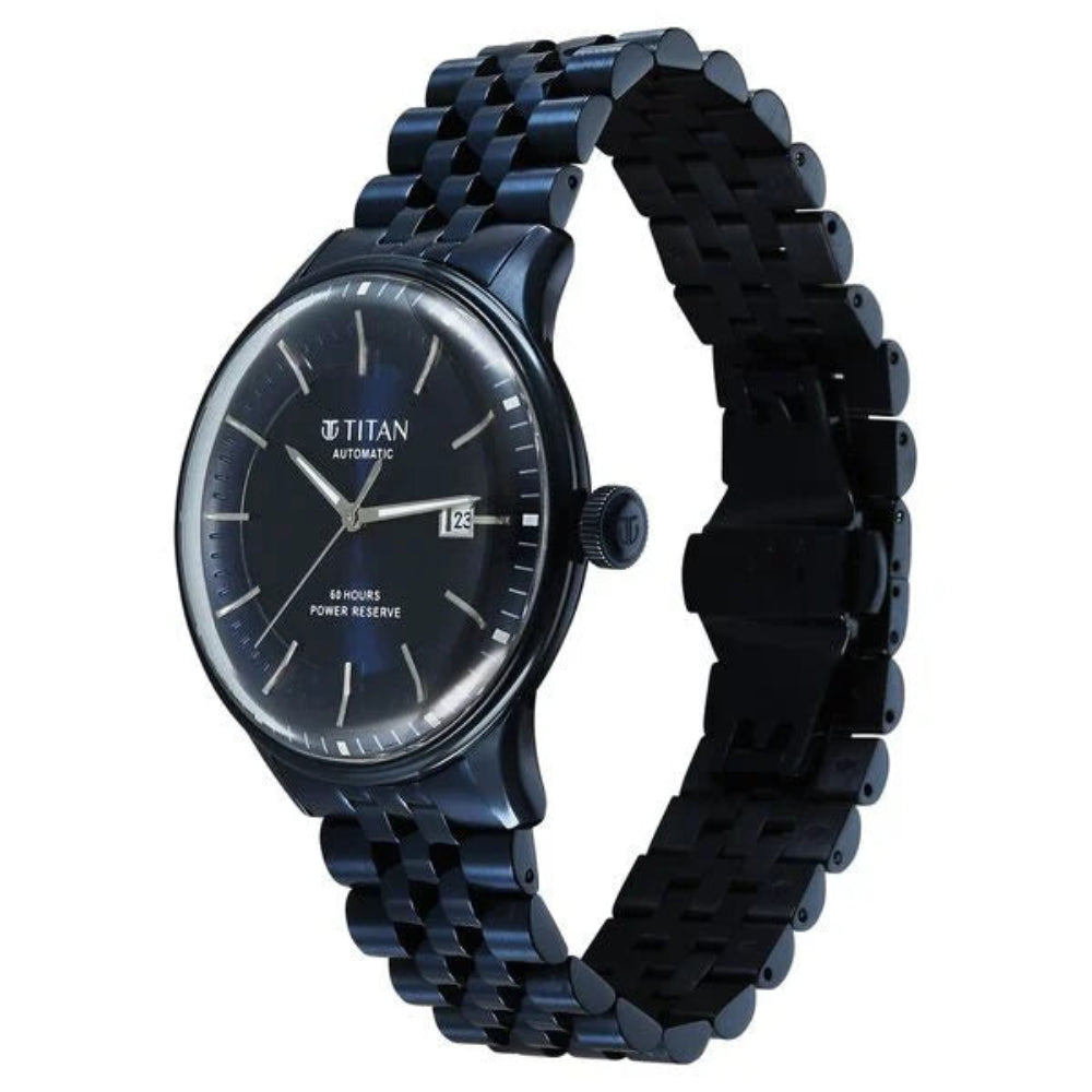 Titan Weekender 60 Hours Power Reserve Concealed Automatic Analog Men's Watch With Blue Dial and Blue Stainless Steel Strap 90201QM01