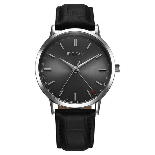 Titan, Men's, Analog Watch, Black Dial, with Leather Band, TI-90202SL02