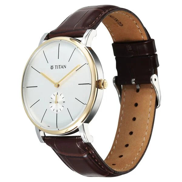 Titan Elegance Men's Watch Analog White Dial with Brown Leather Strap, 90203BL01