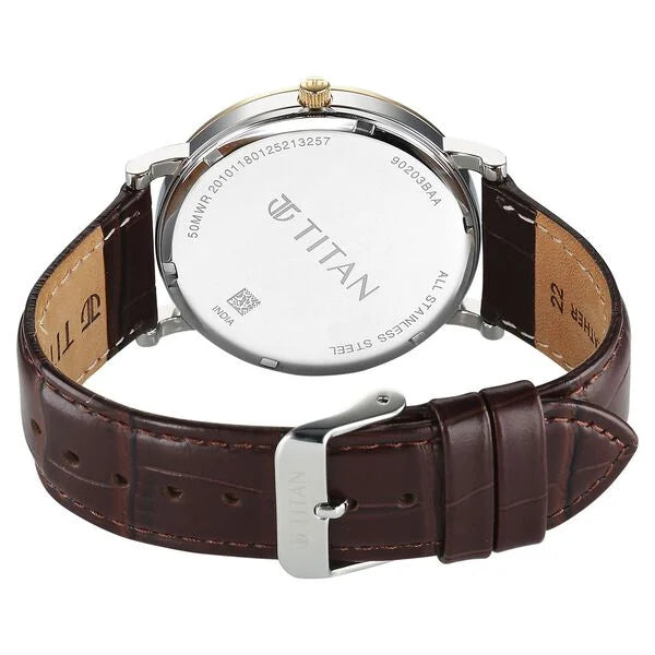 Titan Elegance Men's Watch Analog White Dial with Brown Leather Strap, 90203BL01