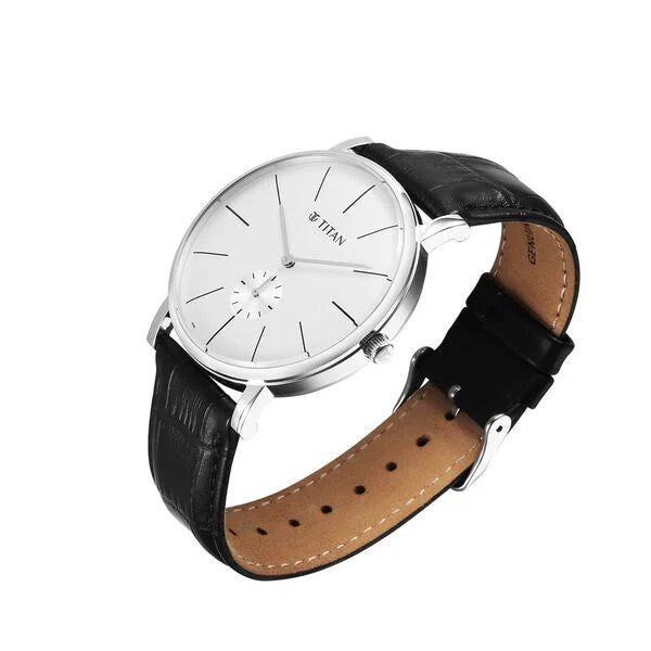 Titan Elegance Men's Watch Analog White Dial with Black Leather Strap, 90203SL01