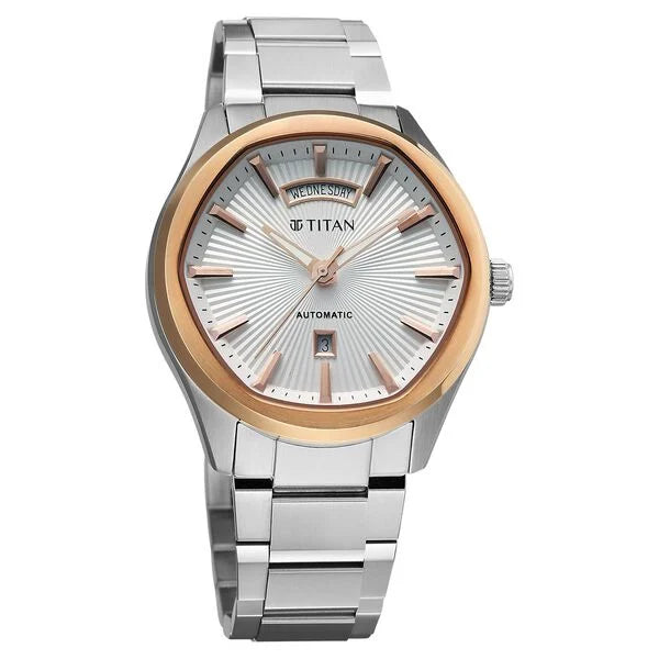 Titan Astral Concealed Automatic Men's Watch with Silver White Dial and Stainless Steel Strap, 90209KM01