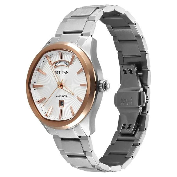 Titan Astral Concealed Automatic Men's Watch with Silver White Dial and Stainless Steel Strap, 90209KM01