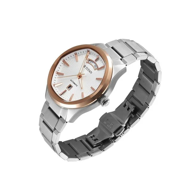 Titan Astral Concealed Automatic Men's Watch with Silver White Dial and Stainless Steel Strap, 90209KM01