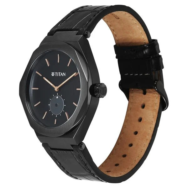 Titan Contour Analog Men's watch with Small Second and Black Dial and Black Leather Strap, 90210NL01