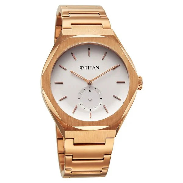 Titan Contour Analog Men's watch with Small Second and White Dial and Rose Gold Stainless Steel Strap, 90210WM01
